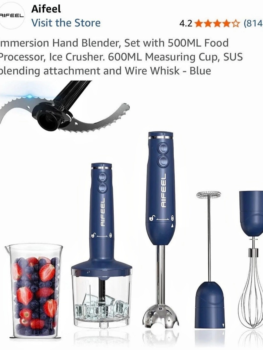 Aifeel Immersion Hand Blender Set with 500ML Food Processor and Ice Crusher Blue